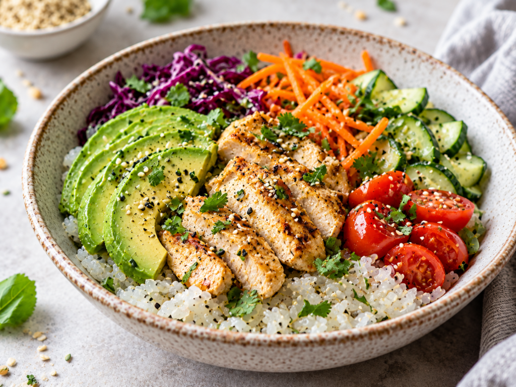 Bowl de Arroz de Konjac con pollo, palta y vegetales