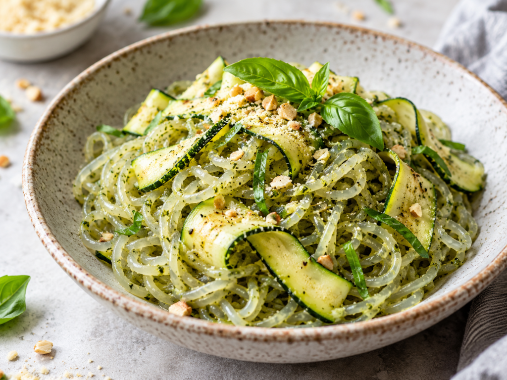 Spaghetti de Konjac con pesto liviano y zucchini