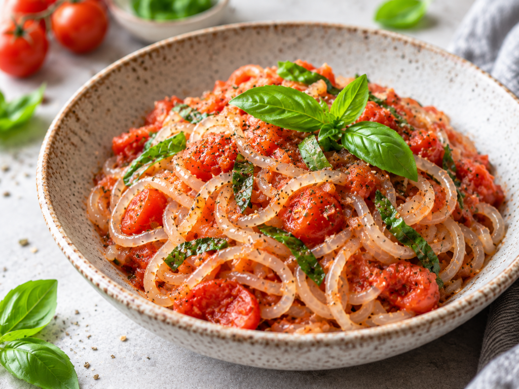 Spaghetti de Konjac con tomate y albahaca